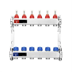 Коллектор Varmega VM151 1 х3/4 , 6вых., c вентилями, с расходомерами, сталь нерж., синий VM15106 - фото 4497049