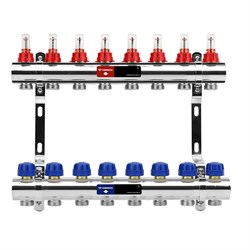 Коллектор Varmega VM154 1 х3/4 , 8вых., c вентилями, с расходомерами, латунь никелир., синий VM15408 - фото 4497069
